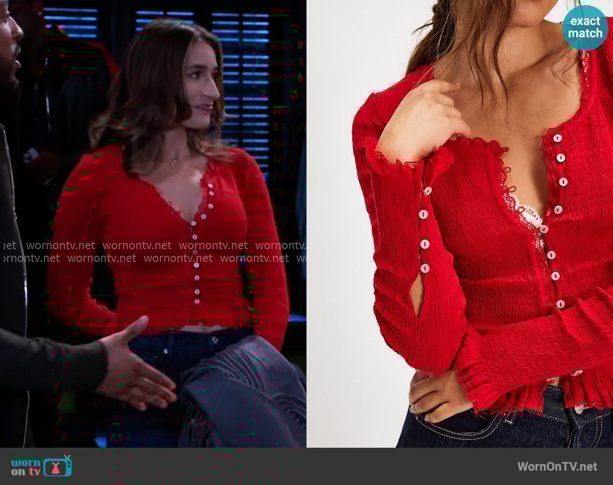 Free People Elliot Smocked Solid Top in Berry worn by Ashley Morgan (Jen Jacob) on Beyond the Gates