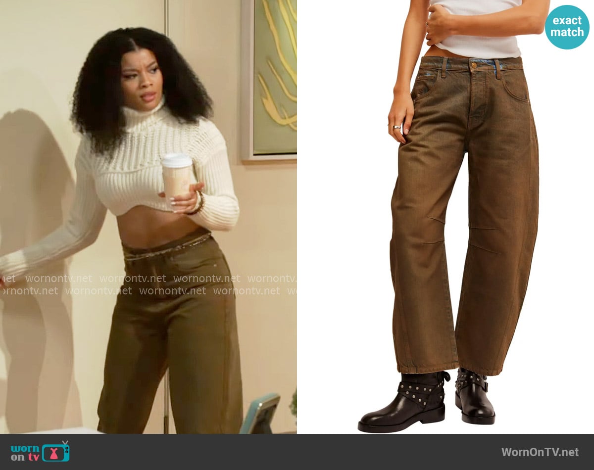 Free People Good Luck Coated High Waist Ankle Barrel Jeans in New Moon worn by Eva Thomas (Ambyr Michelle) on Beyond the Gates