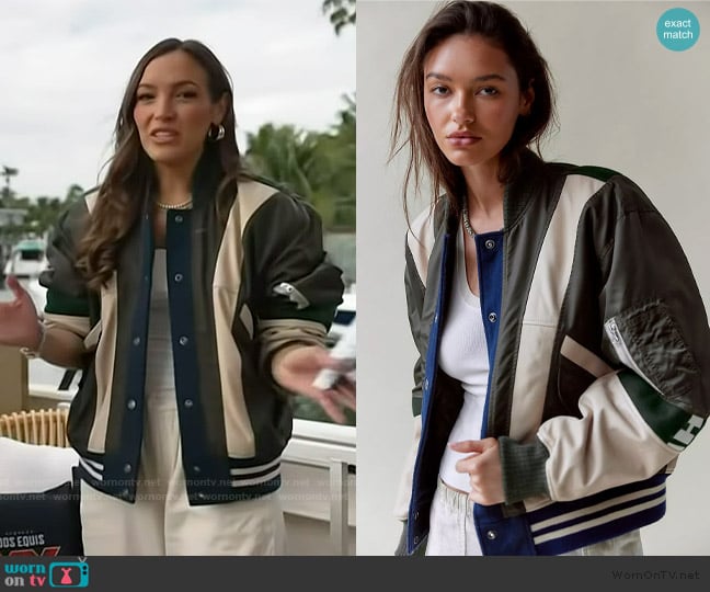 Emily’s panelled bomber jacket on Access Hollywood