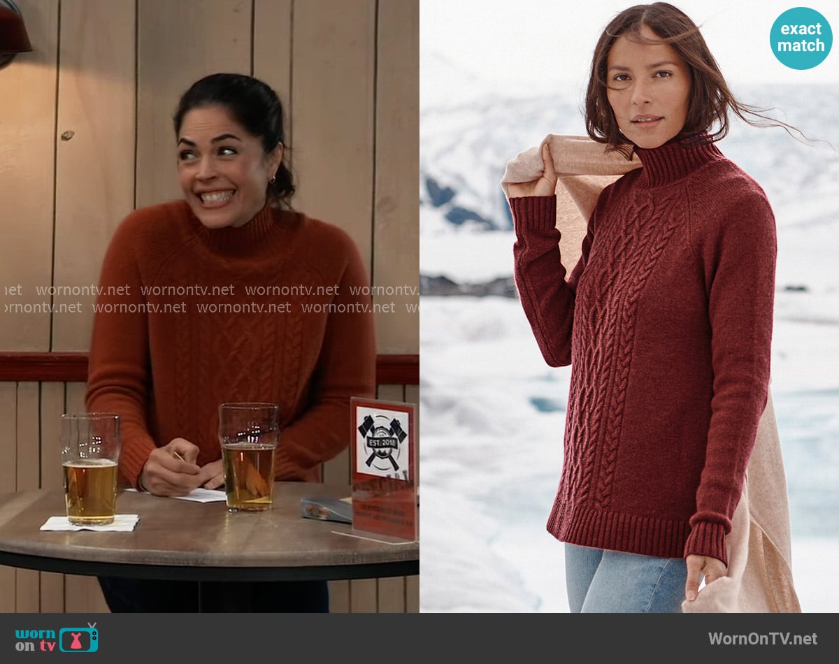 Garnet Hill Firesmoke Cabled Cashmere Tunic Sweater worn by Britt Westbourne (Kelly Thiebaud) on General Hospital