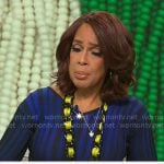 Gayle King’s blue and yellow abstract printed dress on CBS Mornings
