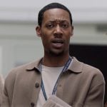 Gregory’s beige knit cardigan on Abbott Elementary