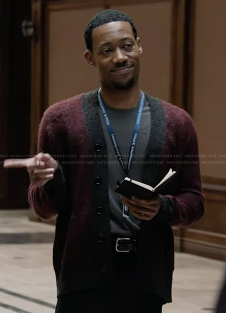 Gregory’s maroon textured cardigan on Abbott Elementary