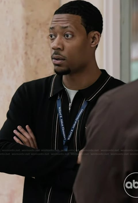 Gregory’s stripe trim cardigan on Abbott Elementary