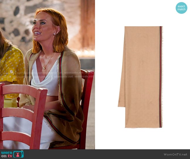 Gucci GG Jacquard Tape Trim Scarf in Sand Green worn by Whitney Rose on The Real Housewives of Salt Lake City
