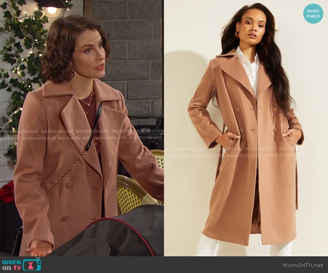 Guess Long Coat in Beige worn by Sarah Horton (Linsey Godfrey) on Days of our Lives
