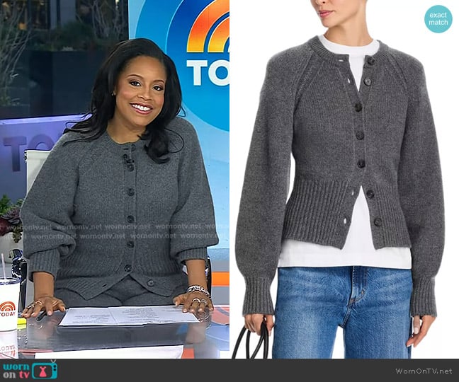 Guest in Residence Cashmere Sculpted Cardigan in Charcoal worn by Sheinelle Jones on Today