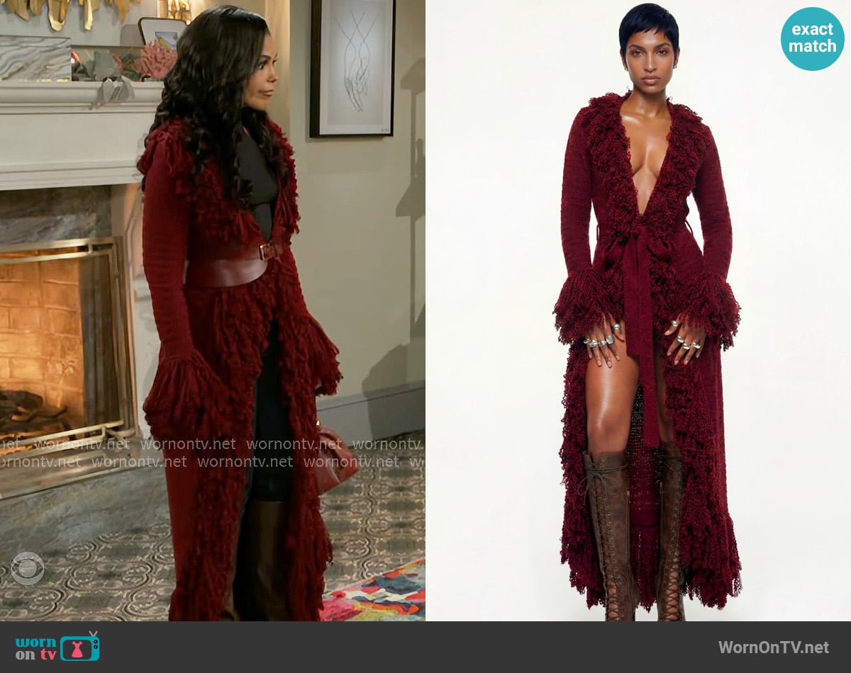 Hanifa Mila Knit Cardigan Dress in Maroon worn by Dani Dupree (Karla Mosley) on Beyond the Gates