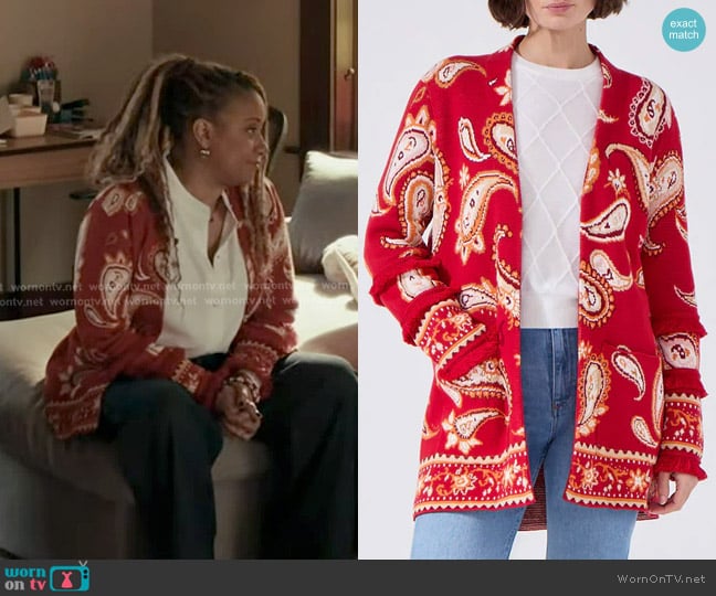 Karen’s red paisley print knit cardigan on 9-1-1 Karen’s red paisley print knit cardigan on 9-1-1