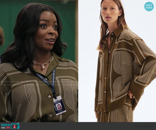 H&M Oversized Twill Shirt in Dark Khaki Green worn by Ava Coleman (Janelle James) on Abbott Elementary