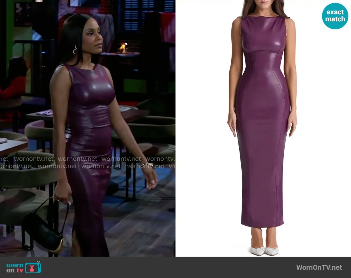 House of CB Sahara Faux Leather Body-Con Maxi Dress in Merlot worn by Hayley Lawson (Marquita Goings) on Beyond the Gates