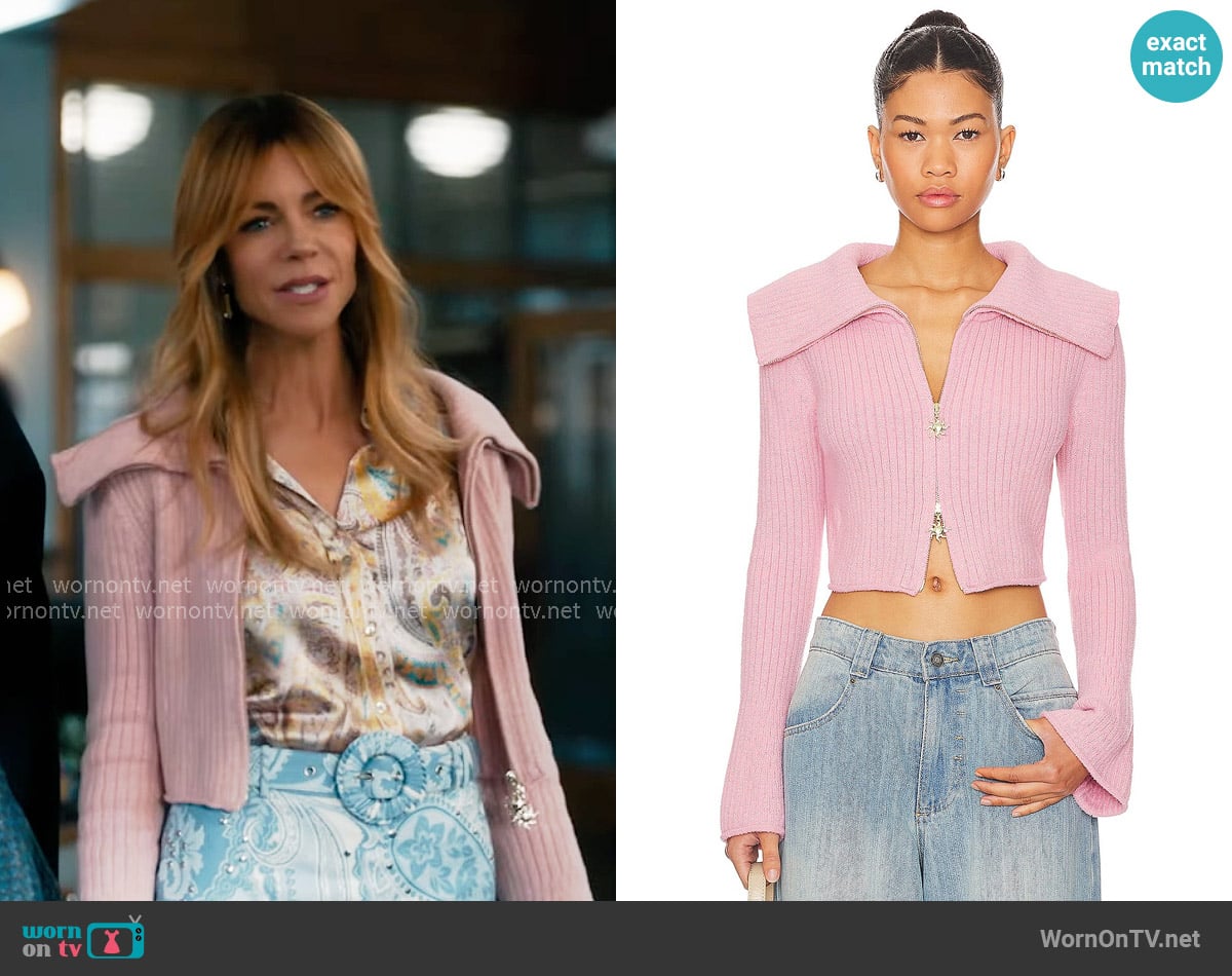 House of Sunny Peggy Double Collar Cardi in Blush worn by Morgan Gillory (Kaitlin Olson) on High Potential