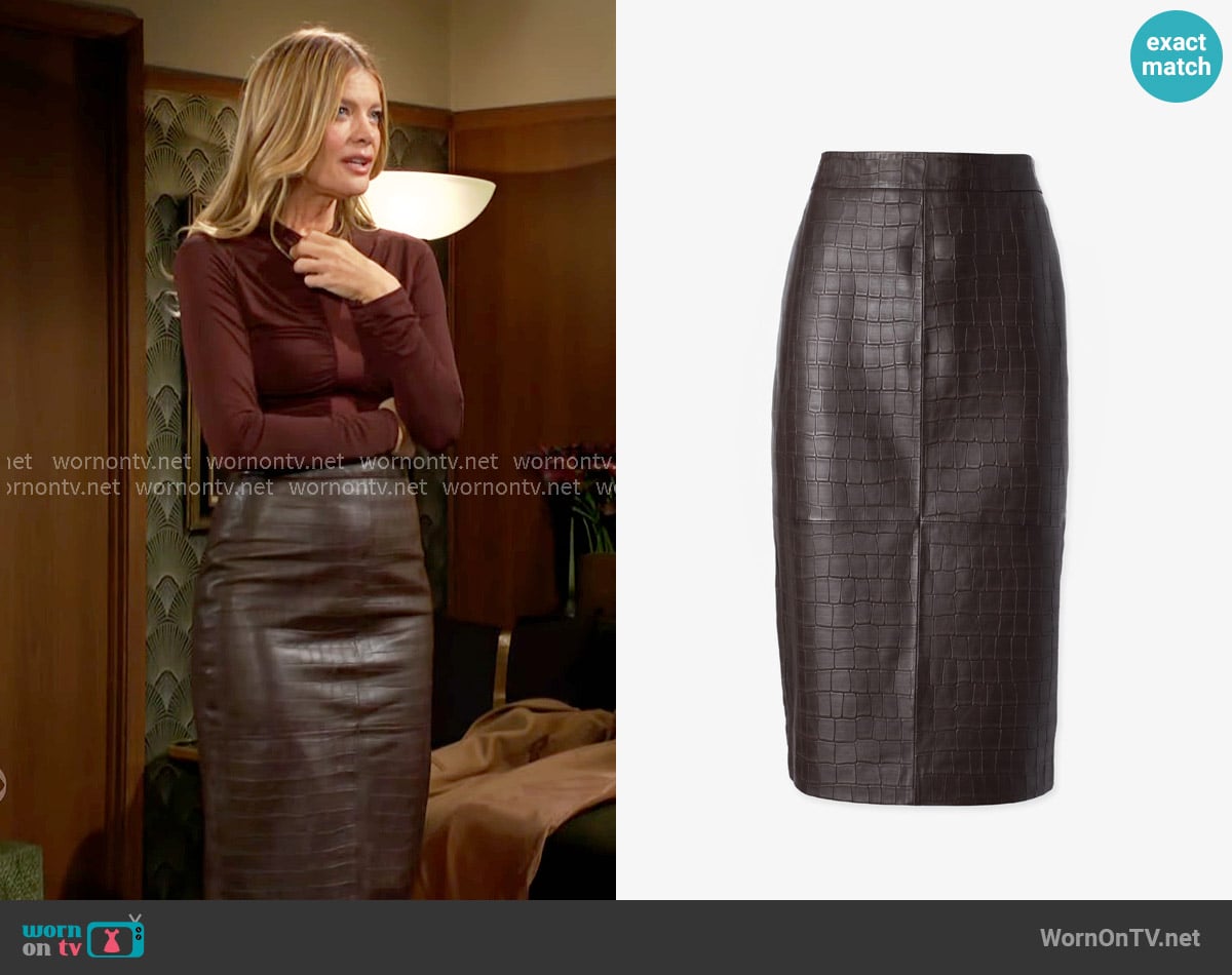 Iris Setlakwe Croco pencil skirt in Espresso worn by Phyllis Summers (Michelle Stafford) on The Young and the Restless