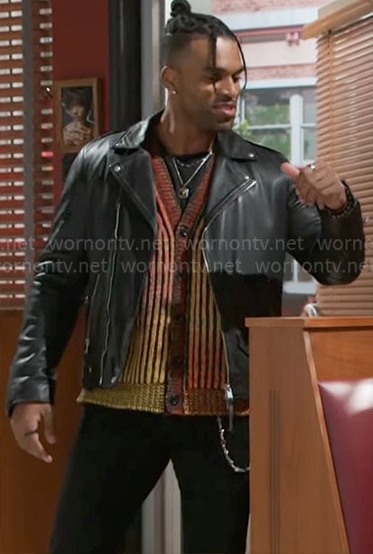 Izaiah’s ombre cardigan and leather jacket on Beyond the Gates