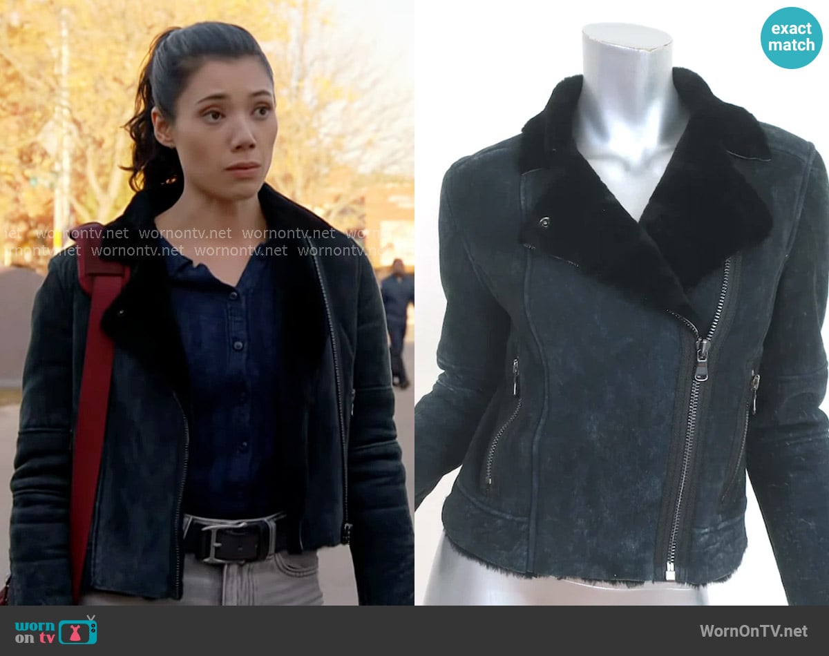 Violet’s navy shearling lined moto jacket on Chicago Fire