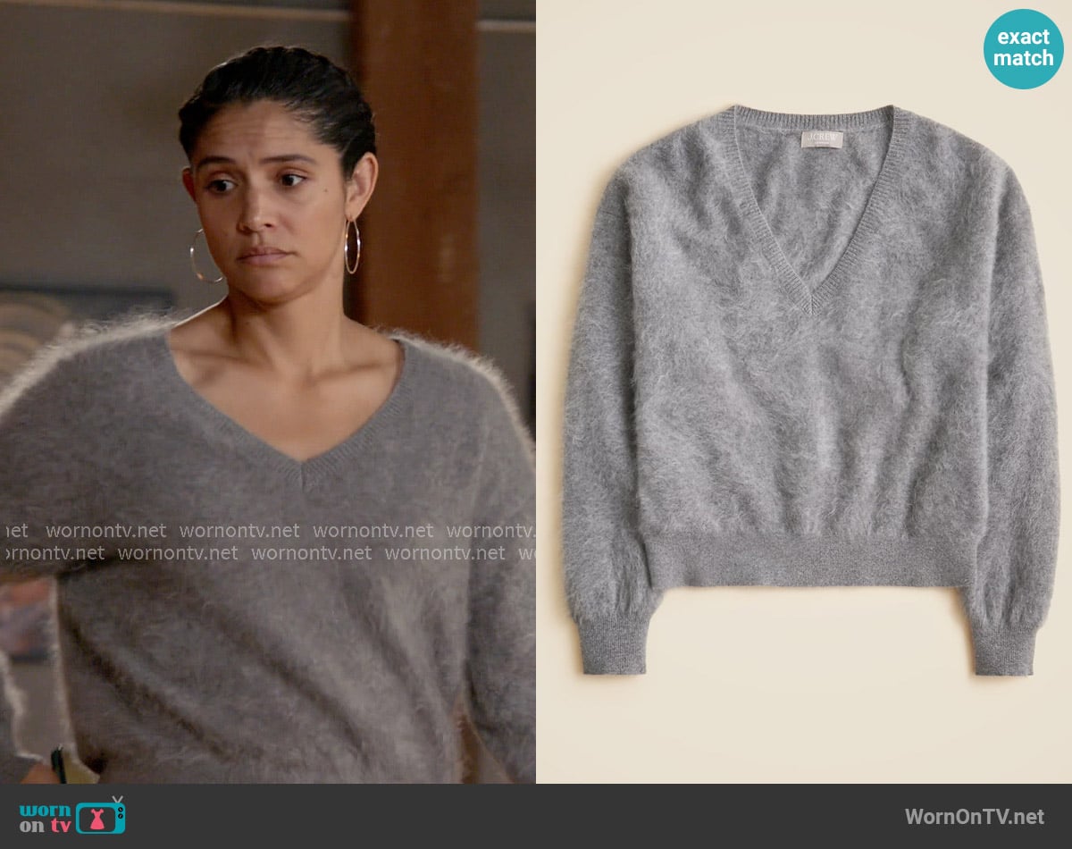 Stella’s grey fluffy v-neck sweater on Chicago Fire