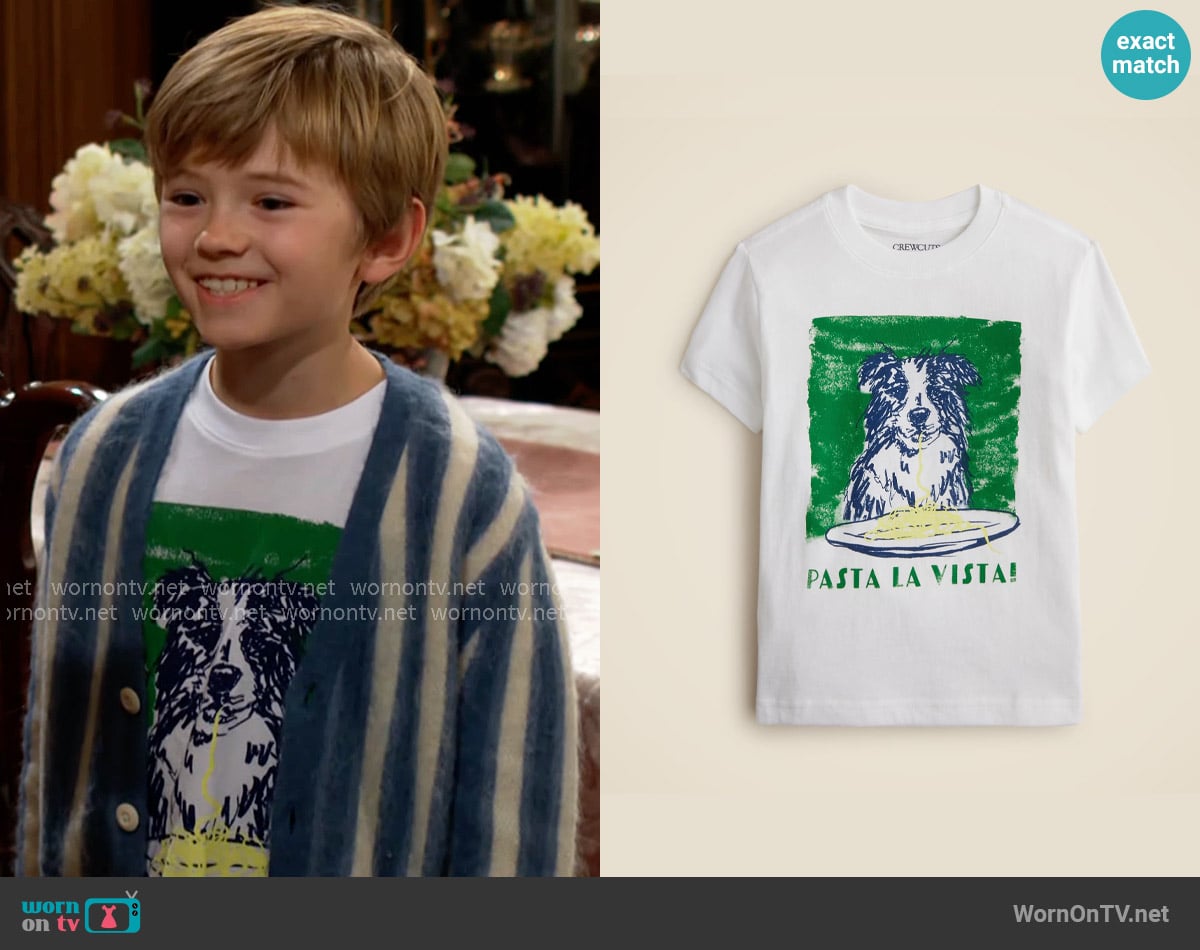 J. Crew Short-sleeve pasta dog graphic T-shirt worn by Harrison Abbott (Redding Munsell) on The Young and the Restless