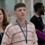 Jacob’s pink plaid sweater on Abbott Elementary