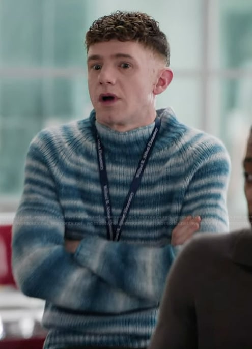 Jacob’s blue striped mohair sweater on Abbott Elementary