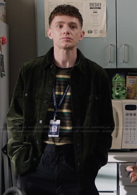 Jacob's green corduroy jacket and pants on Abbott Elementary