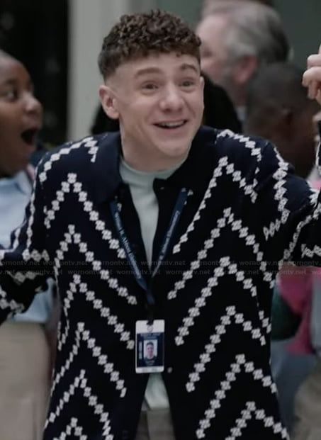 Jacob's navy stripe knit cardigan on Abbott Elementary