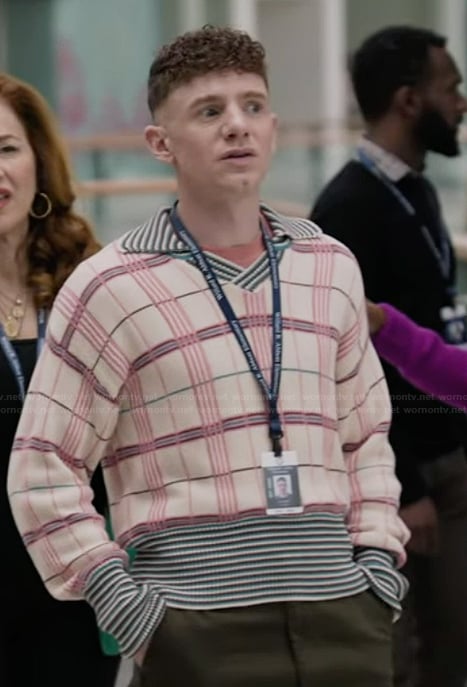 Jacob's pink plaid sweater on Abbott Elementary