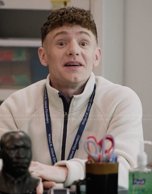 Jacob’s white fleece jacket on Abbott Elementary