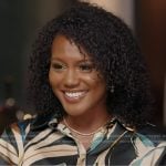 Janai’s navy floral button down blouse on Good Morning America