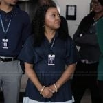 Janine’s navy stripe dress on Abbott Elementary