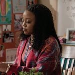 Janine’s pink paisley knit cardigan on Abbott Elementary