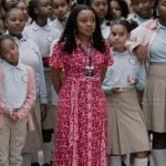 Janine’s pink floral print shirtdress on Abbott Elementary