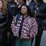 Janine’s pink diamond patterned plush jacket on Abbott Elementary