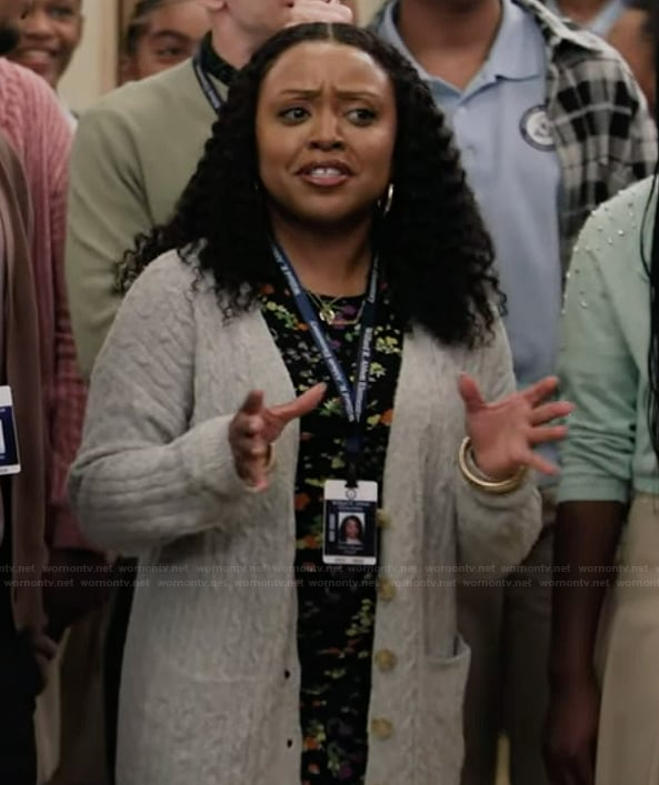 Janine’s black floral print dress on Abbott Elementary