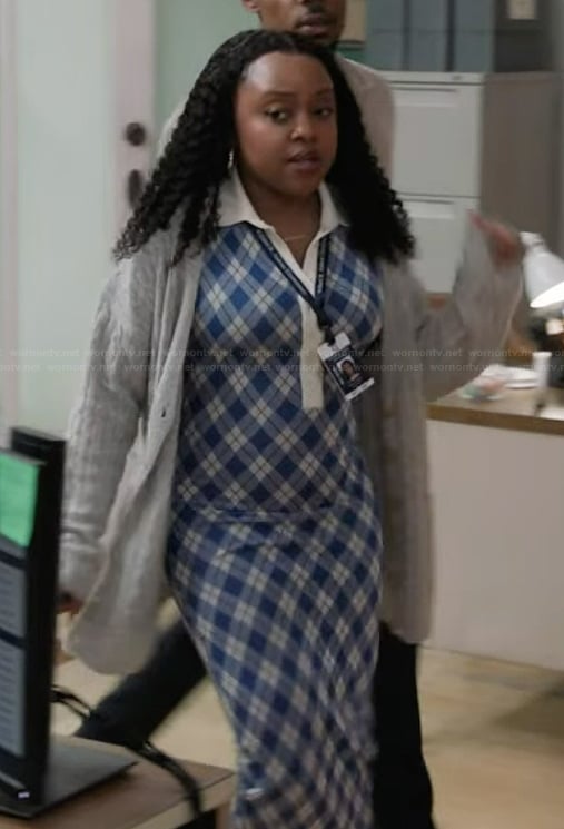 Janine’s blue plaid polo dress on Abbott Elementary