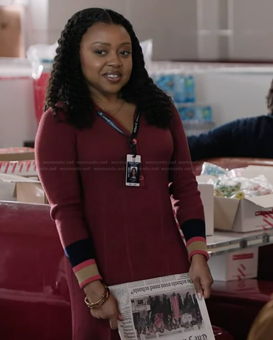 Janine’s burgundy long sleeve dress on Abbott Elementary