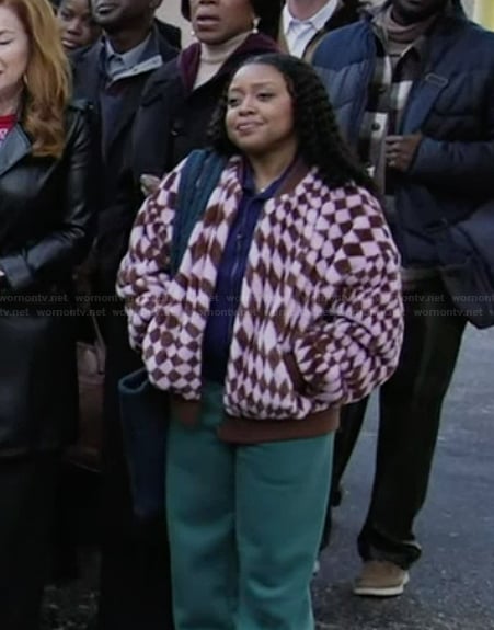 Janine's pink diamond patterned plush jacket on Abbott Elementary