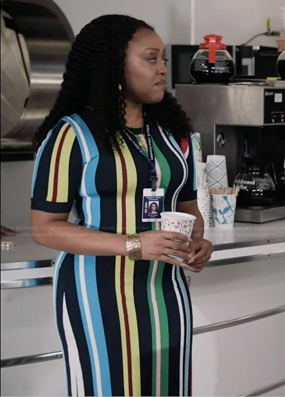 Janine’s rainbow stripe bodycon dress on Abbott Elementary