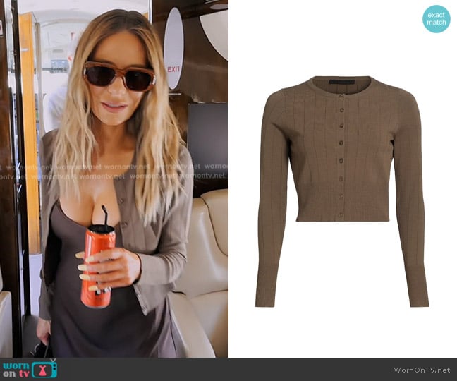 Jenni Kayne Finley Rib-Knit Crop Cardigan in olive worn by Dorit Kemsley on The Real Housewives of Beverly Hills