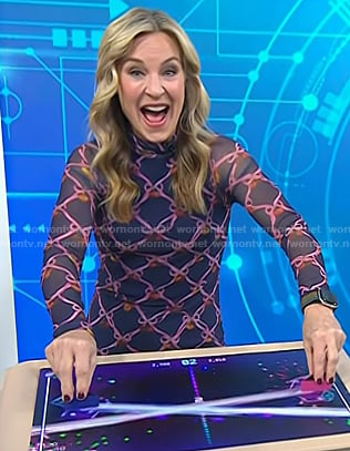 Jennifer Jolly’s navy ribbon print mesh dress on Today