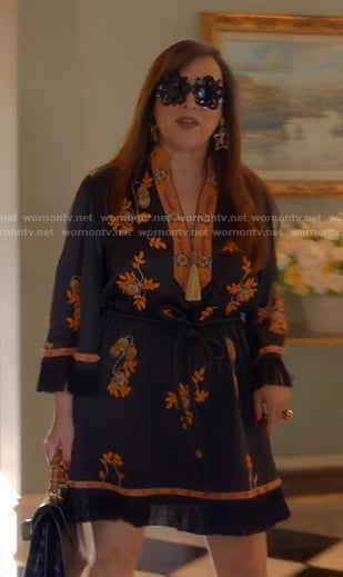 Jennifer's black floral embroidered mini dress on The Real Housewives of Beverly Hills