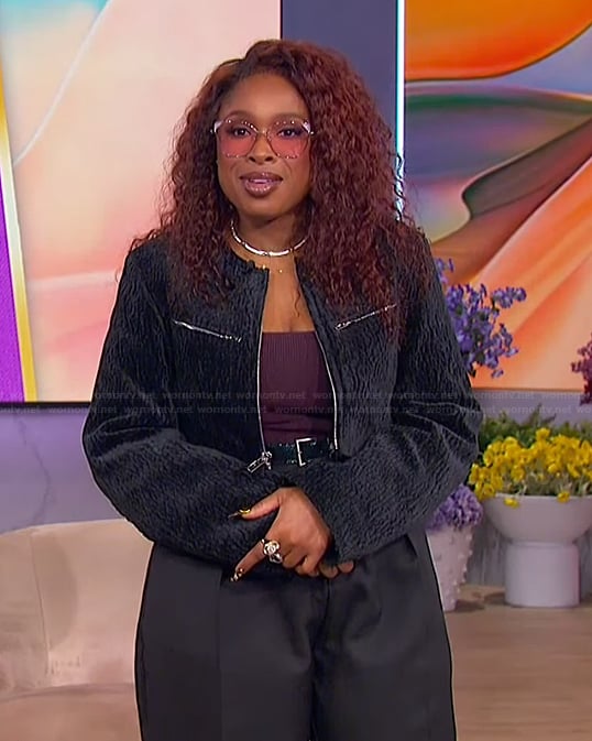 Jennifer's black zip front jacket on The Jennifer Hudson Show