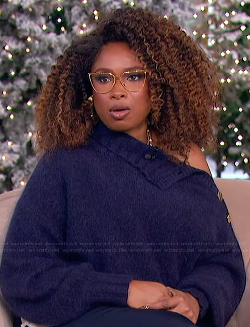 Jennifer's navy button shoulder sweater on The Jennifer Hudson Show