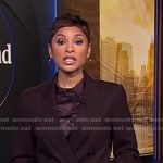 Jericka's dark brown blazer and pant suit on CBS Evening News
