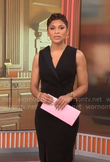Jericka Duncan’s black sleeveless v-neck dress on CBS Mornings