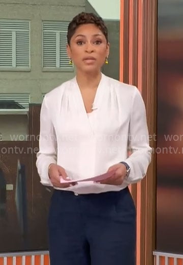 Jericka Duncan’s white v-neck blouse on CBS Mornings