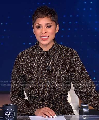 Jericka's black chain print shirtdress on CBS Evening News