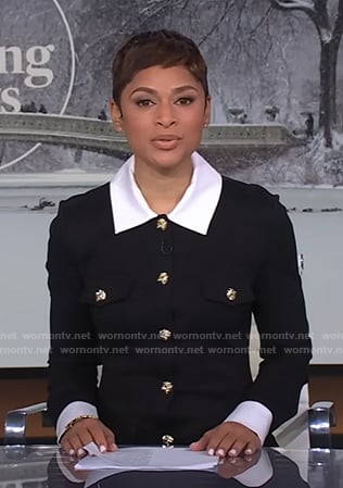 Jericka's black collared button front dress on CBS Evening News