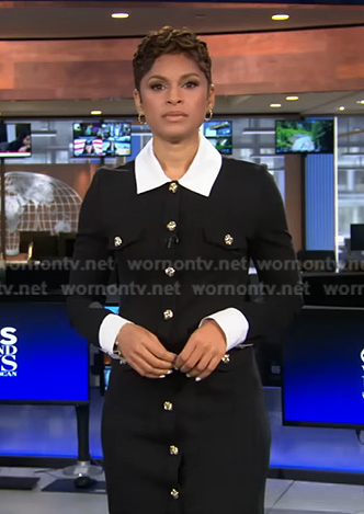 Jericka's black collared button front dress on CBS Evening News