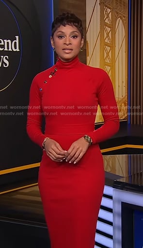 Jericka's red button detail dress on CBS Evening News