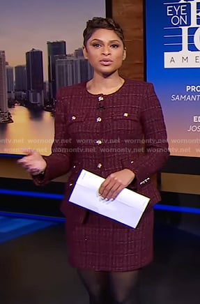 Jericka’s red tweed jacket and mini skirt on CBS Evening News